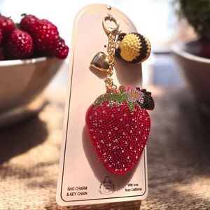 NEW Eye Candy Strawberry,Bee & Hesrt Bag Charm Keychain with Gold Accents 7" NWT